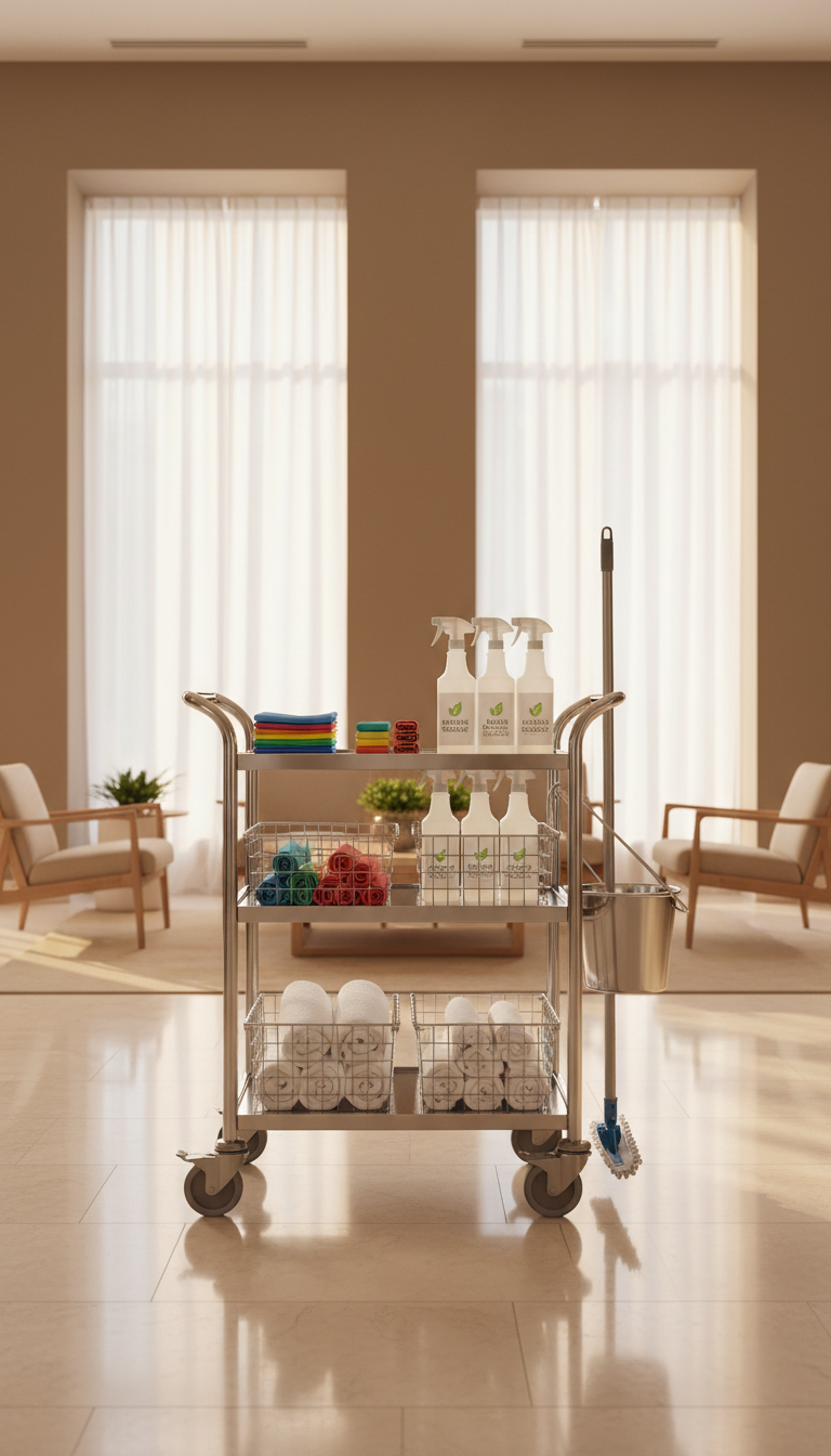 A gleaming stainless-steel cleaning cart organized with color-coded microfiber cloths, eco-friendly spray bottles, and neatly stacked towels, standing against a backdrop of an immaculately cleaned, modern hotel lobby. The walls are painted in soft taupe, and the floor is a polished stone. Natural afternoon light filters through large, sheer-covered windows, reflecting off the clean surfaces and creating subtle highlights. The mood is professional and reassuring, emphasizing order and meticulous attention to detail. Photographed from an eye-level perspective with a centered composition and sharp focus for a crisp, clean, and corporate aesthetic. The image communicates reliability and high standards, perfectly fitting a cleaning services business website.
