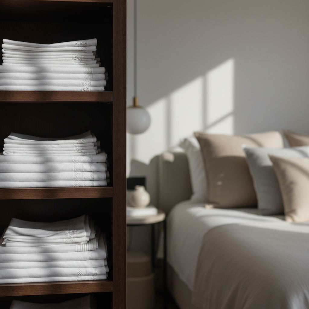 An array of folded, crisp white linens with delicate embroidered borders arranged on a dark wood shelving unit embedded in a minimalist AirBnB bedroom setting. The background is softly blurred, featuring a freshly made bed with neutral-toned pillows and a clean bedside table. Morning sunlight streams through an unseen window, casting gentle, natural highlights across the linens and creating faint, elegant shadows that suggest freshness and care. The composition uses the rule of thirds for balance and employs a shallow depth of field, enhancing focus on the linen’s texture and spotless condition. The mood is calm and trustworthy, aligned with a photographic, professional, and structured modern aesthetic.